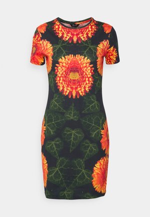 Fitted short-sleeve dress with large orange and yellow flower and green leaf print on black background.