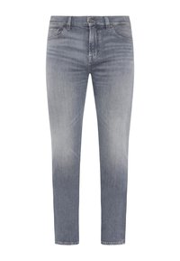 Lichtgrijze denim jeans met een rechte pijp, subtiele vervaging, vijf-pocket stijl en een standaard tailleband met metalen knoopsluiting.