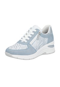 Light blue suede sneaker with white zigzag pattern, chunky white sole, and side zipper detail. Features laces and padded collar.