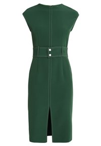 Robe verte ajustée avec des manches courtes, une taille ceinturée avec un bouton, et une fente à l'avant. Fabriquée dans un tissu lisse avec des coutures contrastantes.