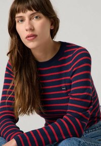 Dunkelblauer gerippter Pullover mit roten horizontalen Streifen, rundem Ausschnitt und kleinem Levi's-Logo. Modell posiert mit langen Haaren und leicht zerzauster Textur.