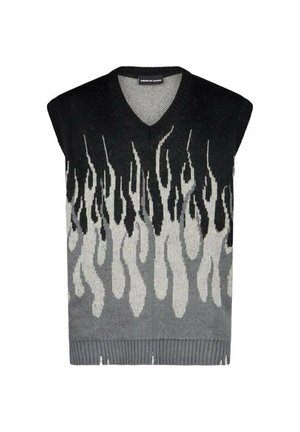 Gilet senza maniche in maglia nero, grigio e bianco con motivo a fiamma. Design a V, bordo a coste e texture liscia.