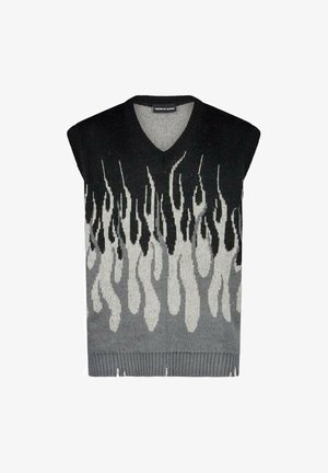 Gilet senza maniche in maglia nero, grigio e bianco con motivo a fiamma. Design a V, bordo a coste e texture liscia.