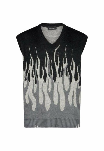 Gilet senza maniche in maglia nero, grigio e bianco con motivo a fiamma. Design a V, bordo a coste e texture liscia.
