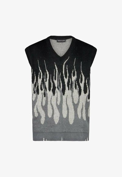 Gilet senza maniche in maglia nero, grigio e bianco con motivo a fiamma. Design a V, bordo a coste e texture liscia.