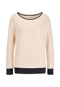 Pullover a maniche lunghe in beige chiaro con collo e polsini neri. Tessuto morbido, presenta una vestibilità comoda e un design minimalista.
