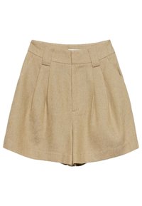 Beige linne shorts med hög midja, plisserad front och sidofickor; har en strukturerad design och en slät, texturerad yta.