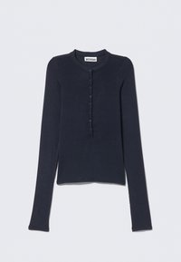 Navy blue long-sleeve top made from a soft fabric, featuring a round neckline, button placket, and fitted design with a straight hem.