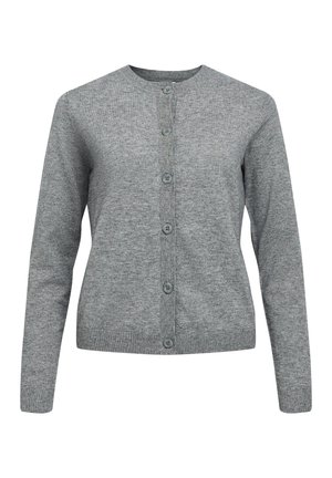 Grau gestrickte Strickjacke mit rundem Halsausschnitt, langen Ärmeln und Knopfverschluss. Verfügt über gerippte Bündchen und Saum sowie eine weiche, glatte Textur.