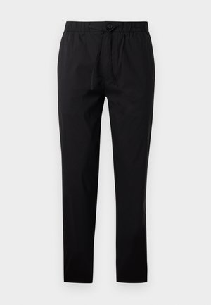 Black pants made of lightweight material with an elastic waistband, drawstring, and a single front button. Straight-leg design.
