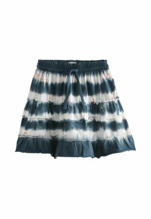 Mini-jupe à volants avec taille élastique et cordon de serrage, présentant des rayures horizontales tie-dye bleu, blanc et brun clair, avec un ourlet à volants.