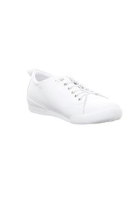 White leather sneaker with a rounded toe, flat rubber sole, six eyelets for laces, and a textured heel accent. Smooth surface throughout.