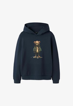 Marineblauwe hoodie met een voorzijdeprint van een beer in een hoodie. Gemaakt van zachte stof, voorzien van een kangoeroe-zak en ribbels aan de mouwen.
