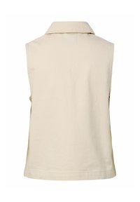 Gilet beige sans manches avec col et ourlet droit, vu de dos sur fond blanc.