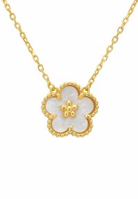Gold chain necklace featuring a flower-shaped pendant with a white center, decorative beaded edges, and a small central flower accent.