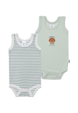 Two sleeveless baby bodysuits, one with green and white stripes, the other solid light green with a muffin illustration and text.