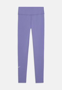 Collants violets en tissu respirant et extensible avec une taille haute et des coutures plates ; présente un petit logo blanc près de la cheville.