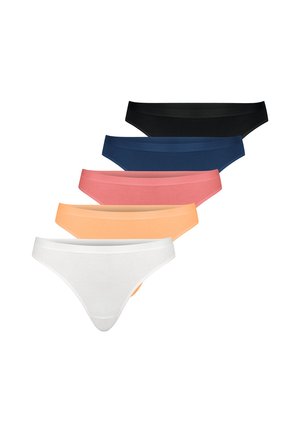 Fünf nahtlose Damen-Bikinihöschen in Schwarz, Marineblau, Pink, Pfirsich und Weiß, in einem kaskadenförmigen Stapel angeordnet.