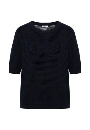 Pull noir à manches courtes en maille avec encolure ronde et motif en maille ajourée texturée, étiquette « CECIL » à l'intérieur du col.