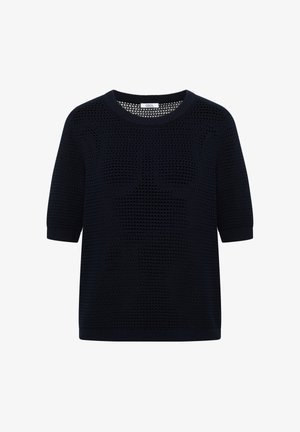 Pull noir à manches courtes en maille avec encolure ronde et motif en maille ajourée texturée, étiquette « CECIL » à l'intérieur du col.