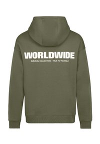 Olive green hoodie with a kangaroo pocket, featuring bold white text on the back: "WORLDWIDE SUBLEVEL COLLECTION - TRUE TO YOURSELF."