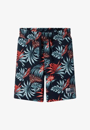 Shorts de bain bleu marine avec un motif de feuilles tropicales en teal et rouge. Taille élastique avec cordon de serrage, avec une étiquette de marque sur le côté.