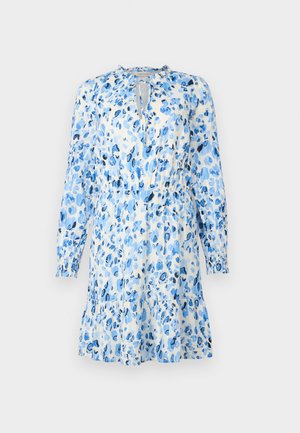 Blue floral dress in lightweight fabric, featuring long sleeves, a keyhole neckline, and gathered waist with a flared skirt.