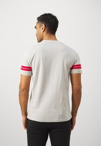 Lys grå t-skjorte med korte ermer, med røde striper på ermene. Myk tekstur og klassisk rund hals-design.