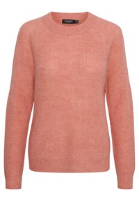 Pull de couleur corail doux, en maille texturée. Il présente un col rond classique et des manches raglan longues.