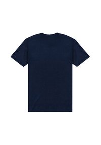 Marineblå kortærmet T-shirt lavet af blødt bomuld. Har en rund hals og standard pasform med en glat tekstur og ingen synlige grafik.