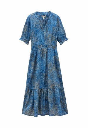 Blau-goldenes, gemustertes Kleid mit kurzen Puffärmeln, rundem Ausschnitt, taillierter Taille und geschichteten Saum. Aus leichtem Stoff gefertigt.
