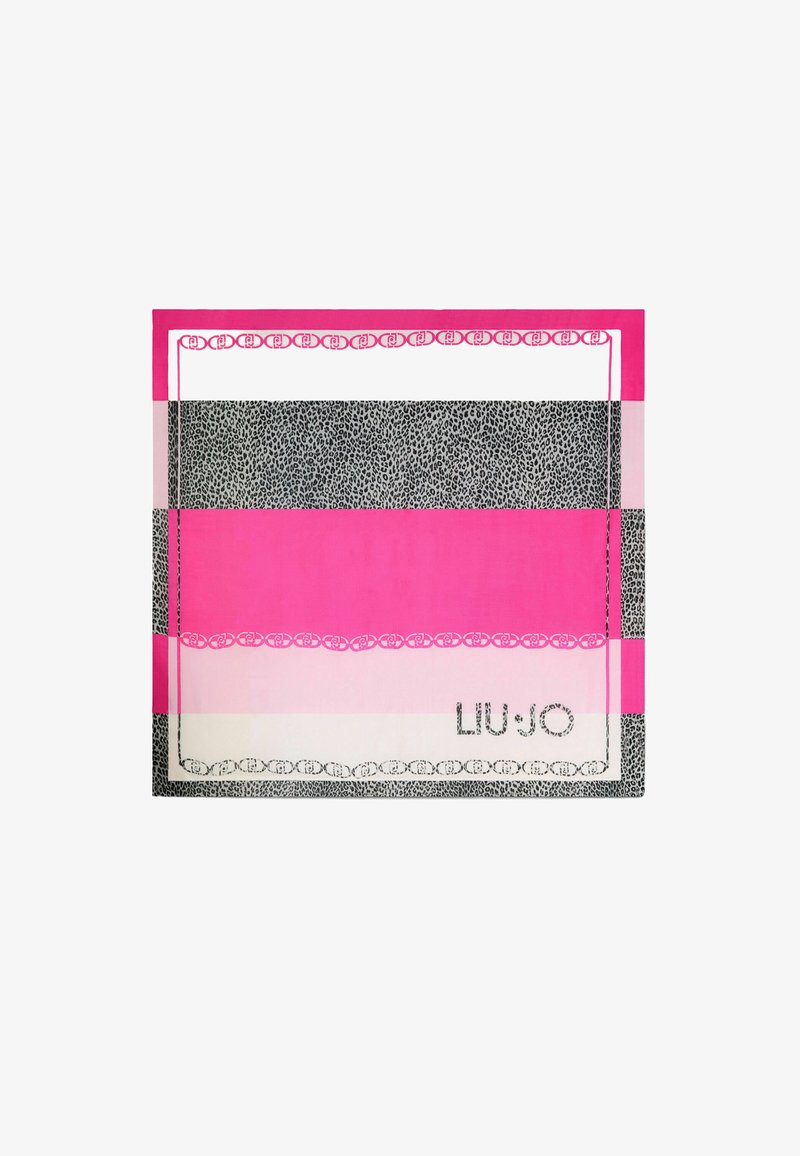 Tessuto rosa e bianco con strisce di stampa animale nera. Presenta un motivo a catena decorativo lungo i bordi e il nome del marchio "LIU•JO."