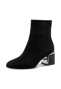 Stivaletti neri in suede alla caviglia con punta affilata e tacco spesso accentuato in argento. Texture liscia con una silhouette elegante e dettagli minimi.