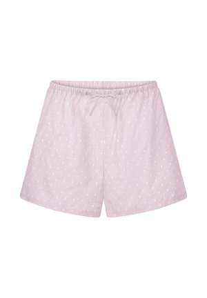 Lichtroze katoenen shorts met een elastische tailleband, voorzien van een trektkoord en kleine witte stippen over de stof.
