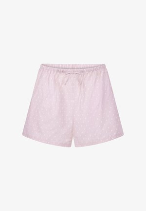 Lichtroze katoenen shorts met een elastische tailleband, voorzien van een trektkoord en kleine witte stippen over de stof.