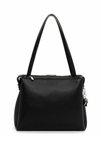 Musta nahkainen olkalaukku, jossa on sileä pinta, vetoketjukiinnitys, kaksi olkahihnaa ja hopeanvärinen avainkoriste sivulla.