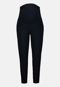 Leggings neri da maternità con vita alta, realizzati in tessuto elasticizzato. Presentano tasche laterali e un design affusolato per una vestibilità aderente.