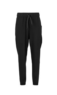 Schwarze Jogginghose mit einem elastischen Bund, verstellbarem Kordelzug, seitlichen Taschen, schmal zulaufenden Beinen und elastischen Bündchen. Weicher Stoff.