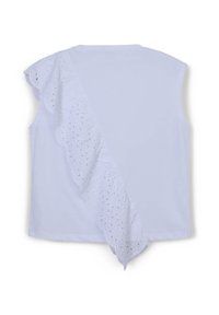 Top bianco in cotone con un pannello in pizzo ad occhiello ondulato su una spalla. Design senza maniche, caratterizzato da una texture liscia e linee pulite.