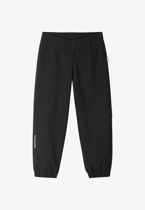 Schwarze leichte Sporthose mit elastischem Bund, zulaufenden Beinen und reflektierenden Details an den Seiten. Glatte Stofftextur.