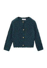 Cardigan lavorato a maglia color teal con un motivo a foglia testurizzato, scollatura rotonda e bottoni di legno decorativi lungo il davanti.