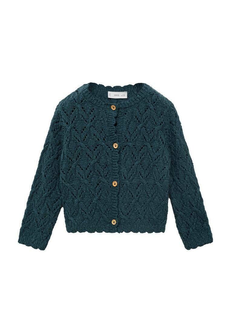 Cardigan lavorato a maglia color teal con un motivo a foglia testurizzato, scollatura rotonda e bottoni di legno decorativi lungo il davanti.