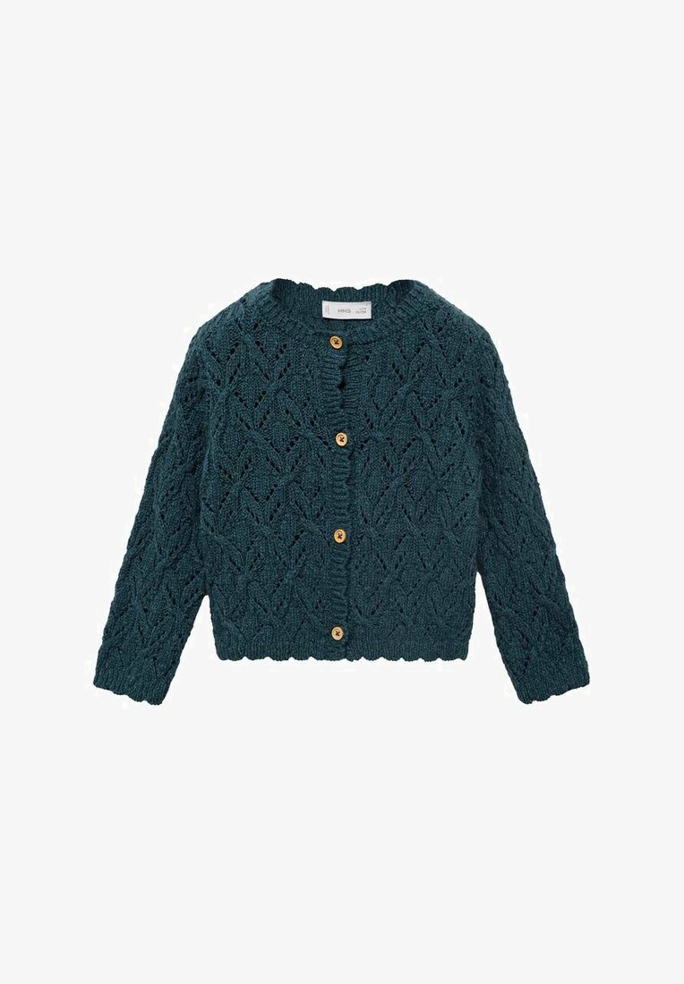 Teal gebreide cardigan met een textuur van bladeren, ronde halslijn en decoratieve houten knopen aan de voorkant.
