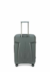 Valise rigide de couleur gris foncé, dotée d'une poignée rétractable, de quatre roues, d'accents à motifs et d'une texture lisse.