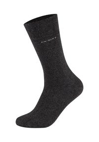 Calza in cotone grigio scuro con texture a coste e tallone rinforzato, con un logo stampato in bianco vicino alla parte superiore.