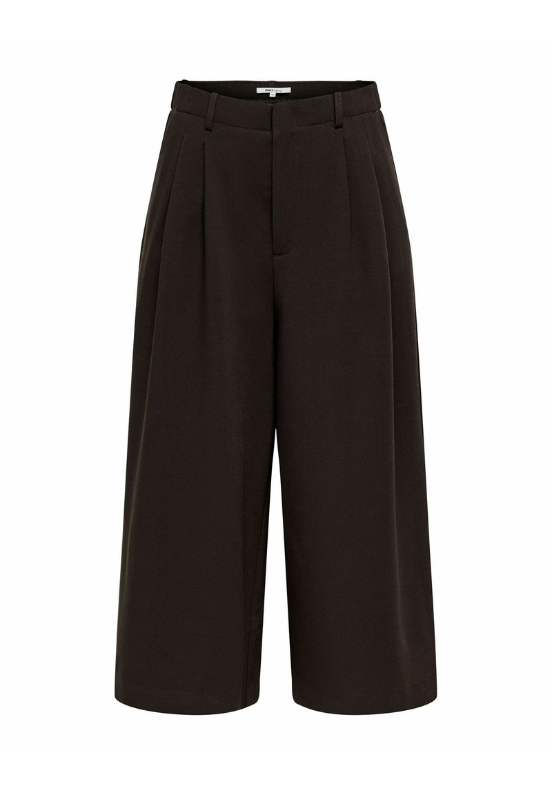 Pantalon court noir taille haute à jambes larges avec passants de ceinture et plis devant, conçu pour une coupe ample et confortable.