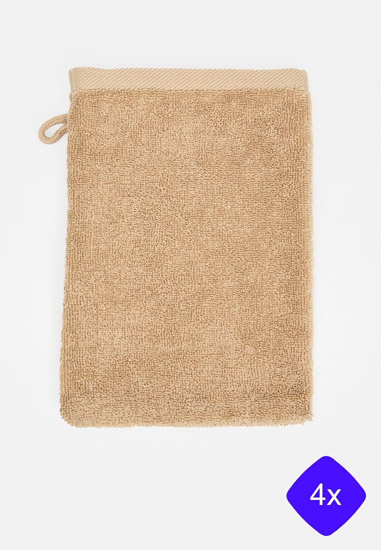 Serviette en nid d'abeille beige avec une surface texturée. Présente une bordure tissée marron et une boucle de suspension. Taille indiquée comme quatre fois.