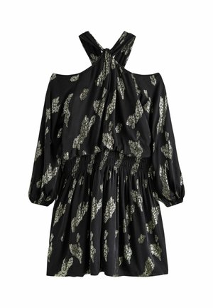 Next, LONG SLEEVE COLD SHOULDER JACQUARD MINI DRESS - Freizeitkleid - black gold pattern