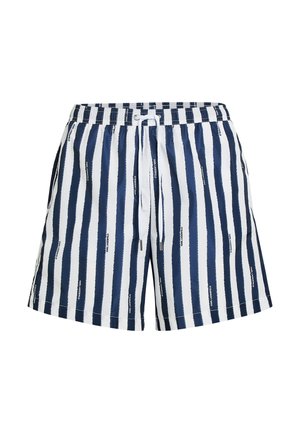 Triibulised ujumispüksid tumesinises ja valges, valmistatud kerge kangaga. Sisaldab nöörvööd ja peent brändingut triipude ääres.