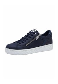 Sneakers in pelle blu navy con pannelli in rete, dotati di una cerniera laterale e di una suola bianca testurizzata, progettati con accenti neri.